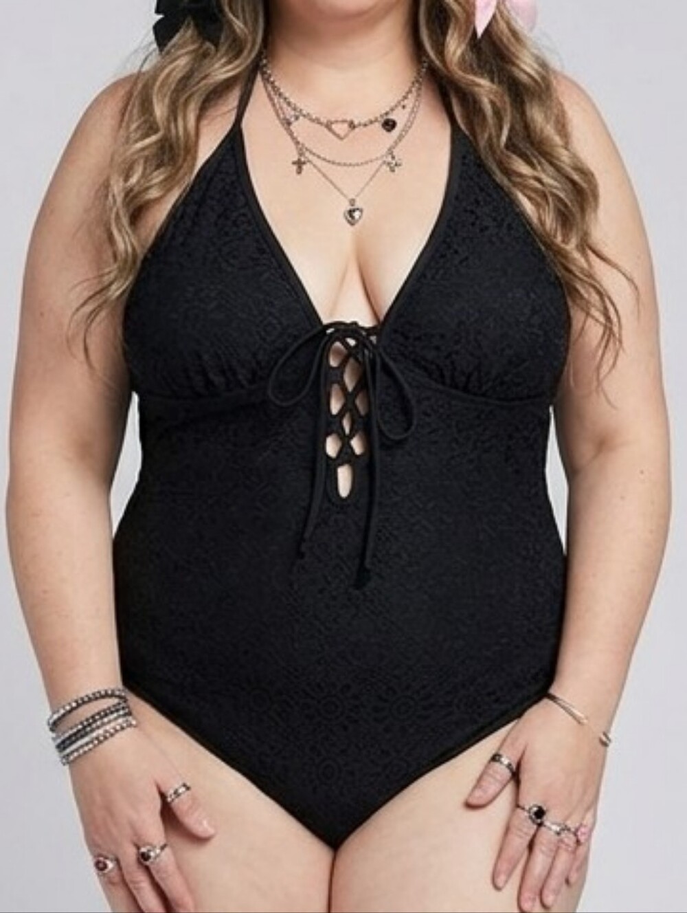Attention Swimwear Black Halter Neck Onepiece Swimsuit w/Full Lace Overlay - Picture 9 of 9